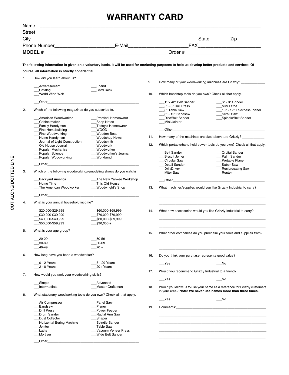Warranty card, Cut along dotted line | Grizzly H3098 User Manual | Page 25 / 28
