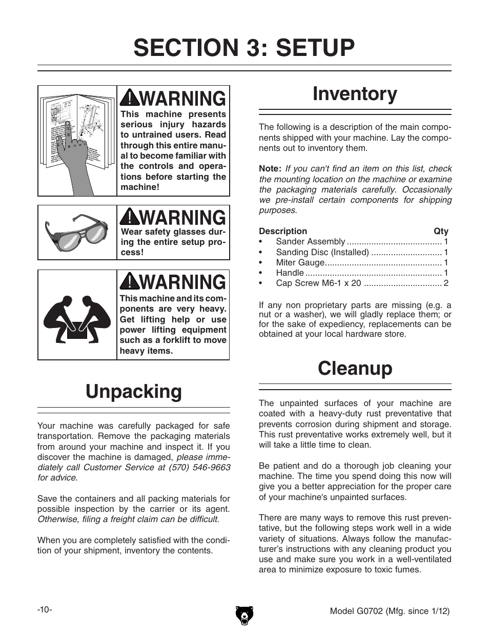 Unpacking, Inventory, Notice | Cleanup | Grizzly G0702 User Manual | Page 12 / 32