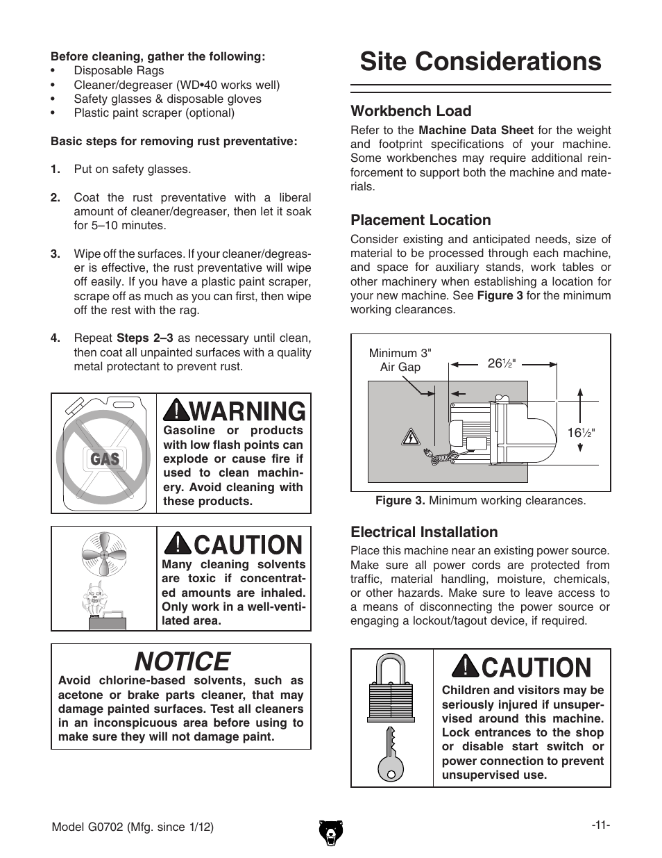 Notice, Site considerations, Workbench load | Placement location, Weight load, Space allocation, Physical environment, Electrical installation, Lighting | Grizzly G0702 User Manual | Page 13 / 32