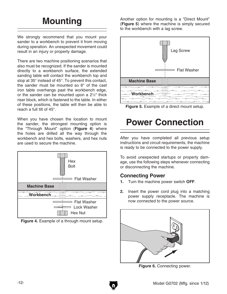 Mounting, Power connection | Grizzly G0702 User Manual | Page 14 / 32