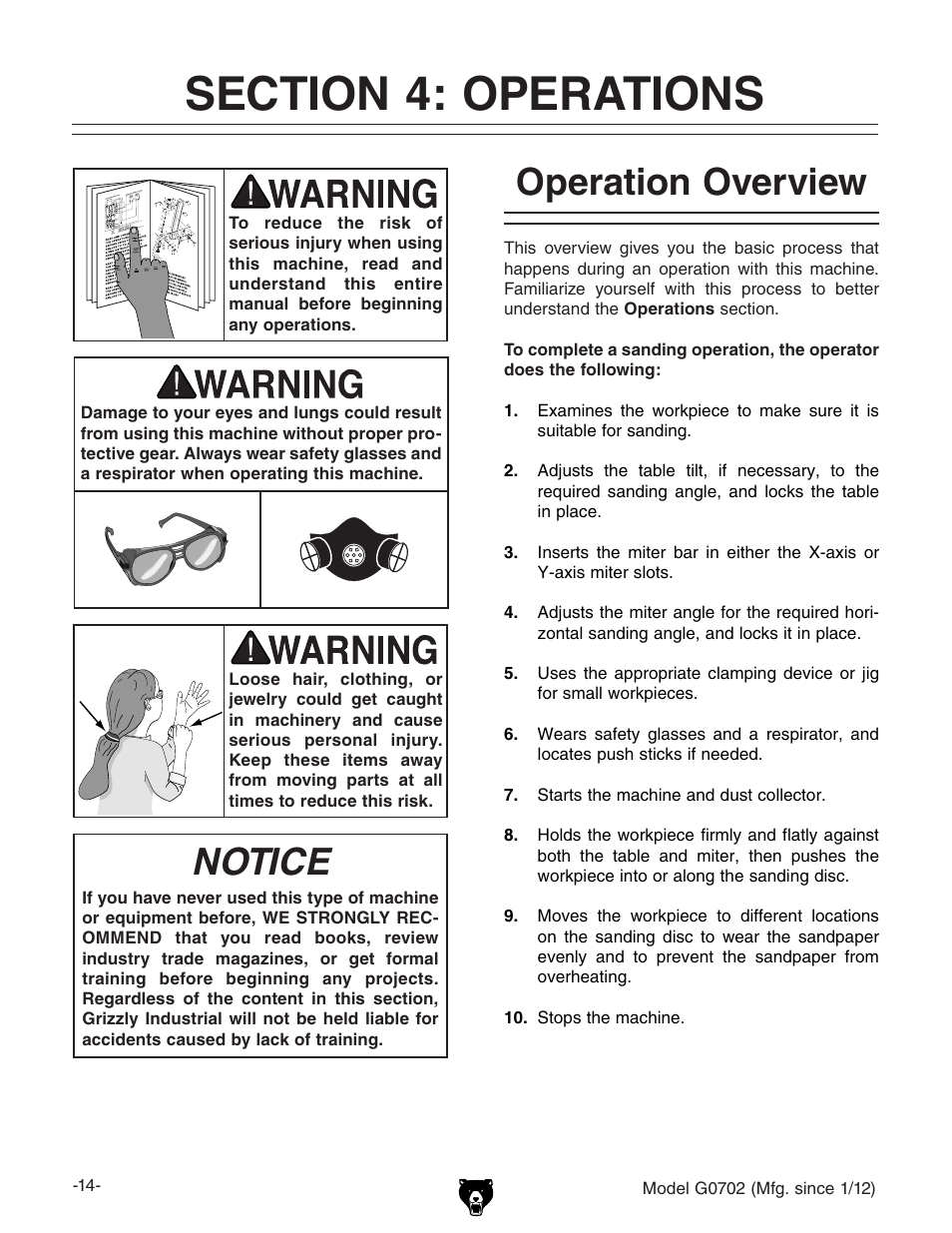 Notice, Operation overview | Grizzly G0702 User Manual | Page 16 / 32