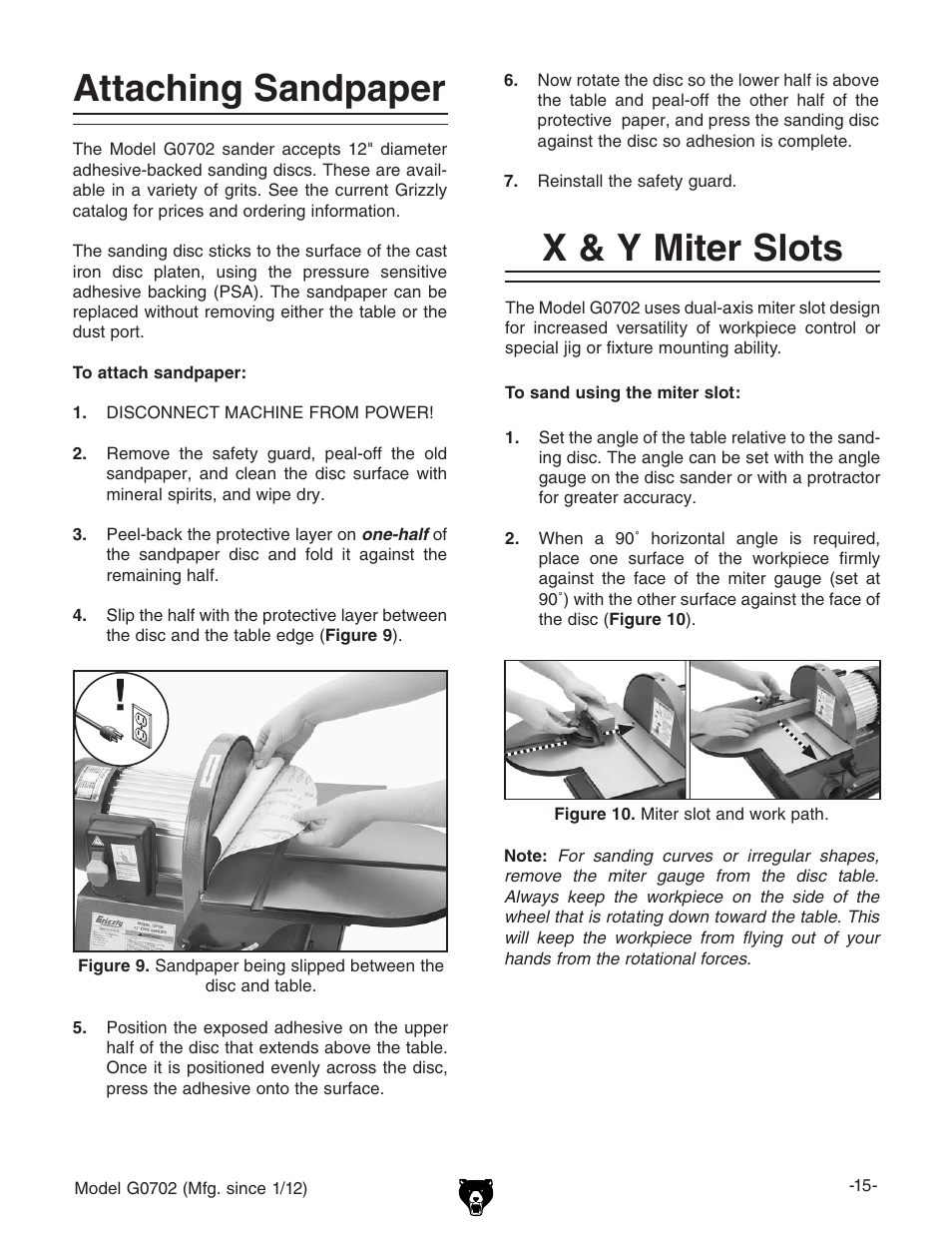 Attaching sandpaper, X & y miter slots | Grizzly G0702 User Manual | Page 17 / 32