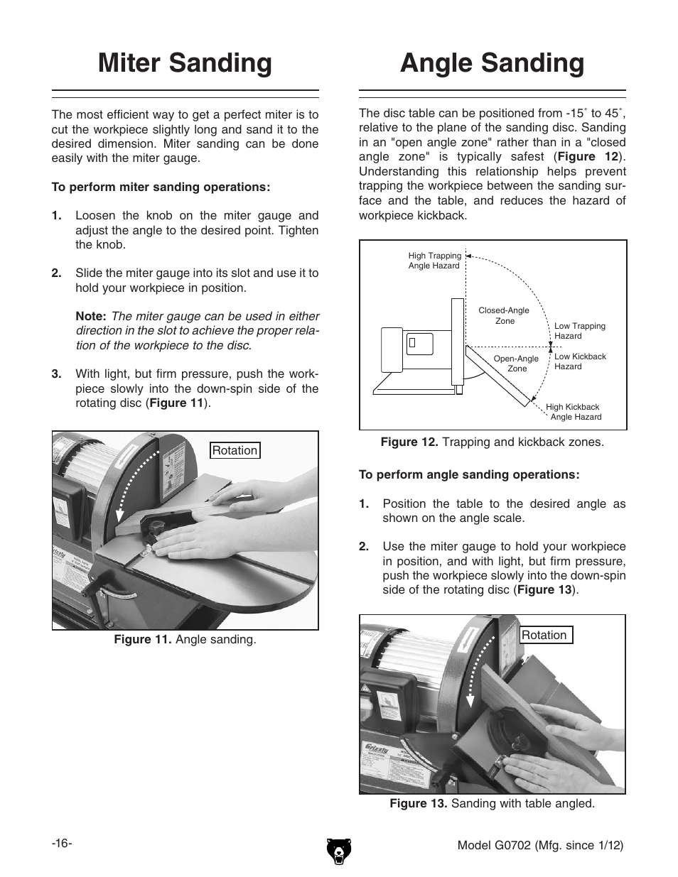 Miter sanding, Angle sanding | Grizzly G0702 User Manual | Page 18 / 32