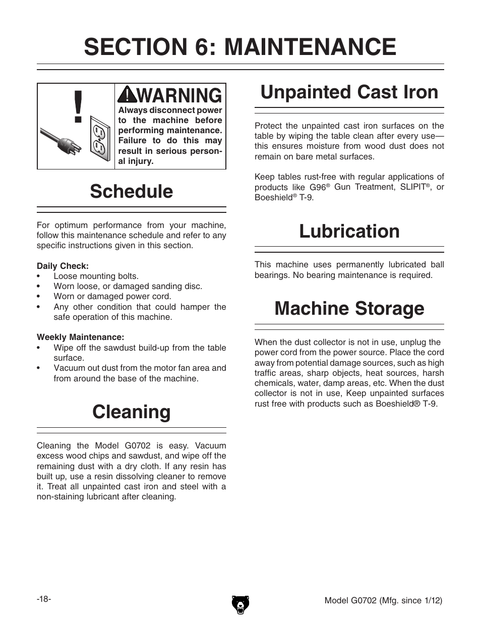 Schedule, Cleaning, Unpainted cast iron | Lubrication, Machine storage | Grizzly G0702 User Manual | Page 20 / 32