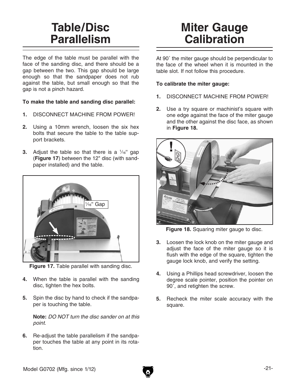 Miter gauge calibration, Table/disc parallelism | Grizzly G0702 User Manual | Page 23 / 32