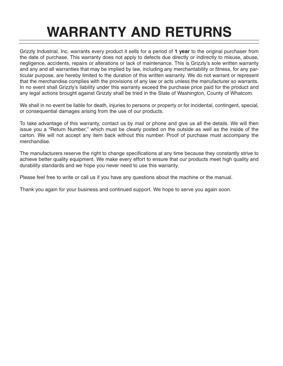 Warranty and returns | Grizzly G0702 User Manual | Page 31 / 32