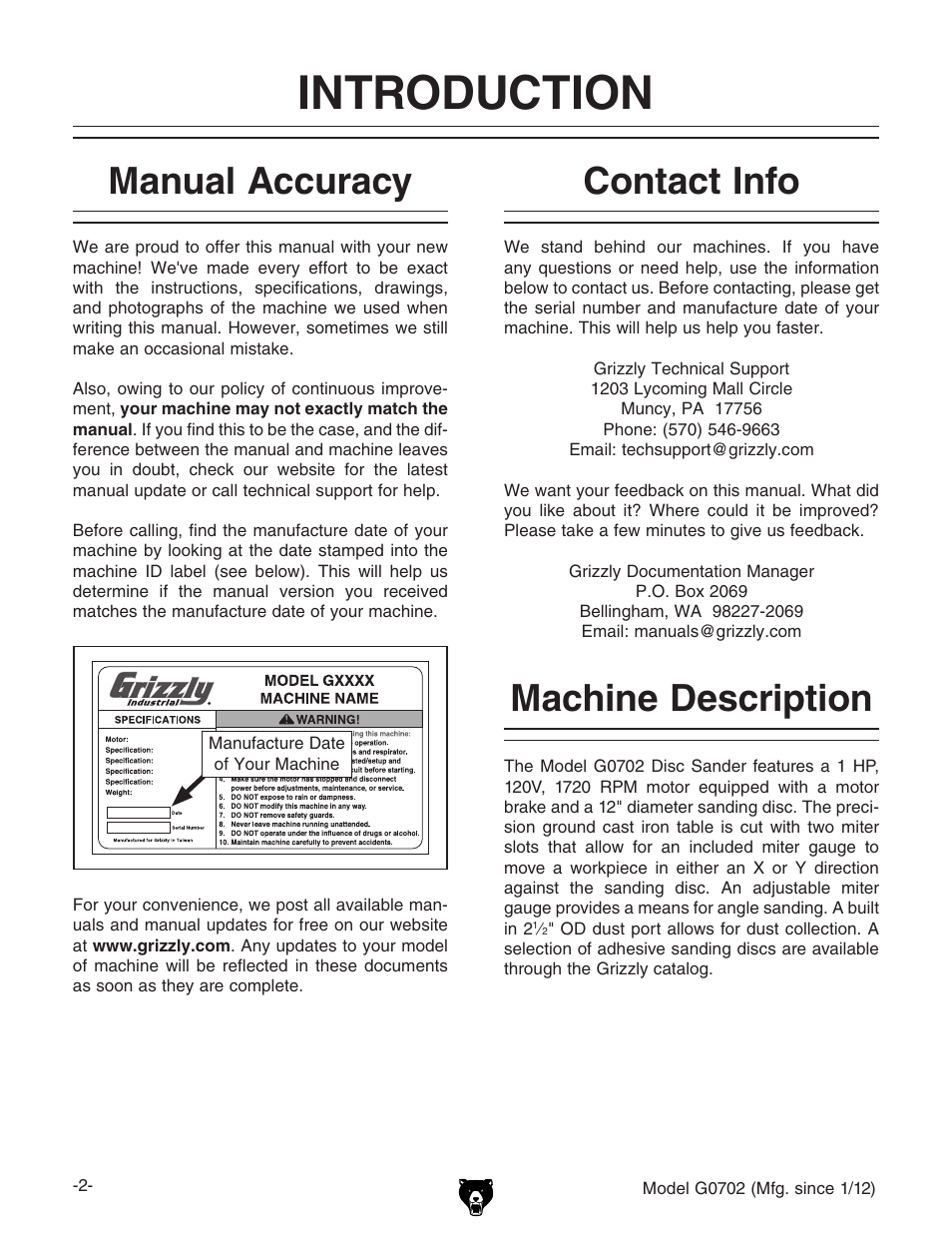 Introduction, Machine description, Contact info | Manual accuracy | Grizzly G0702 User Manual | Page 4 / 32