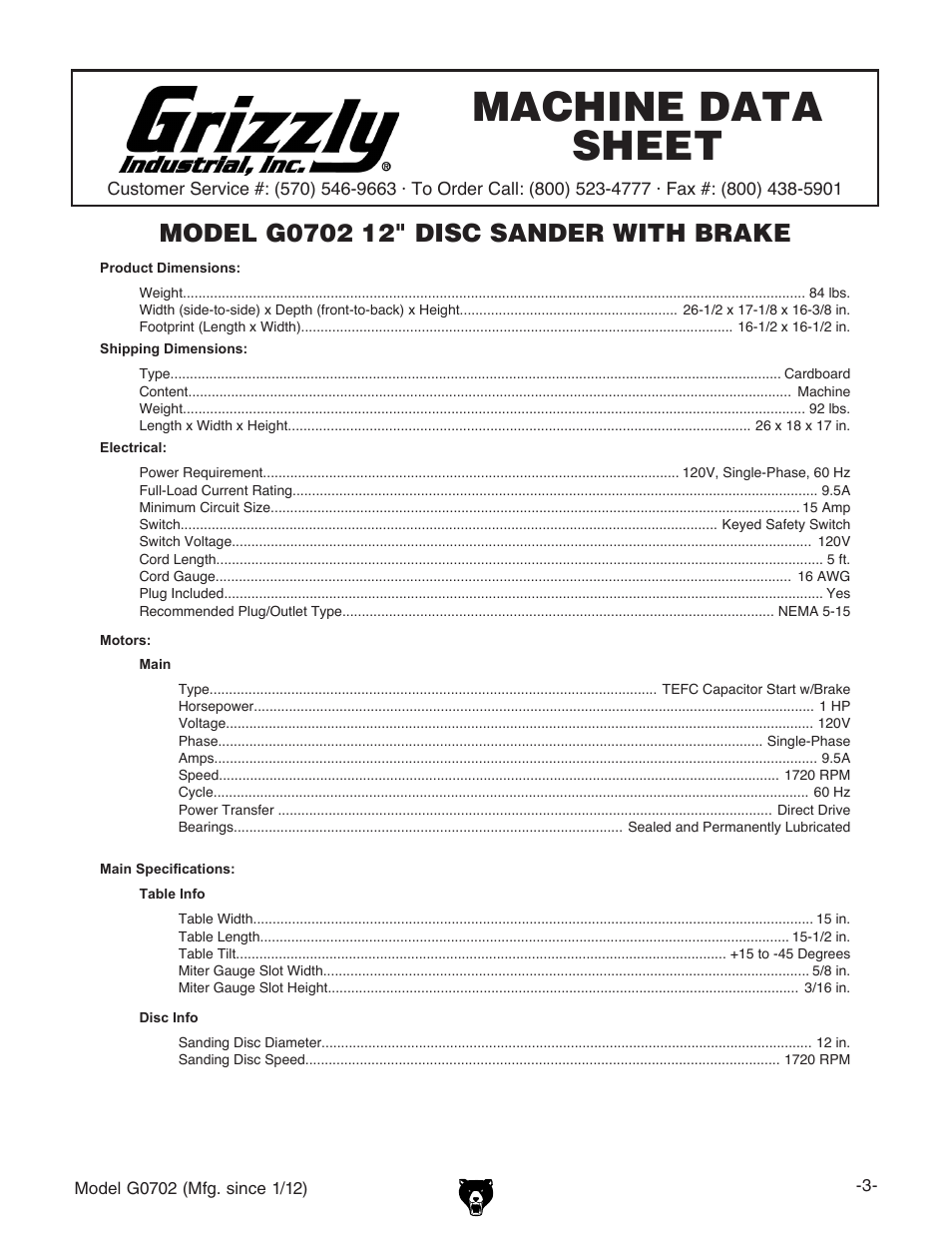 Machine data sheet | Grizzly G0702 User Manual | Page 5 / 32