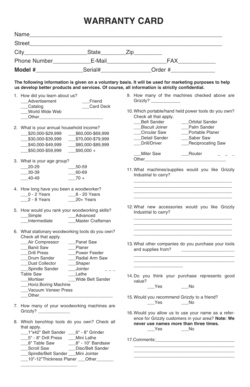 Warranty card | Grizzly FLOORING STAPLER H5977 User Manual | Page 15 / 16