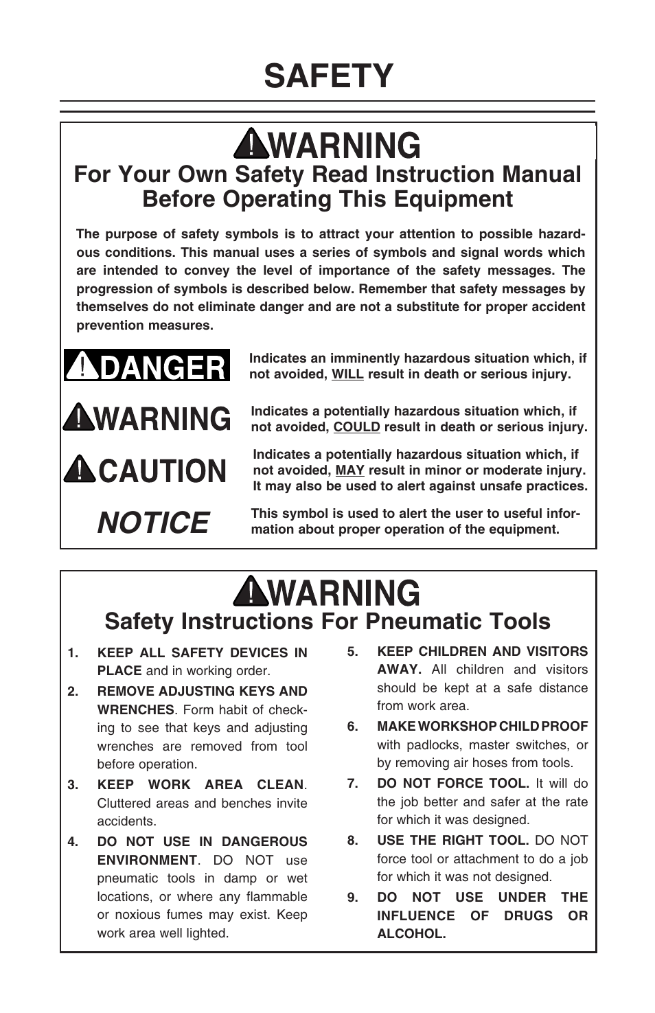 Safety, Notice, Safety instructions for pneumatic tools | Grizzly FLOORING STAPLER H5977 User Manual | Page 2 / 16