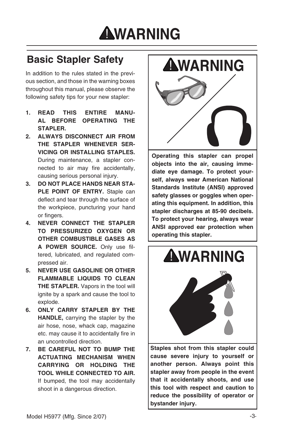 Basic stapler safety | Grizzly FLOORING STAPLER H5977 User Manual | Page 4 / 16