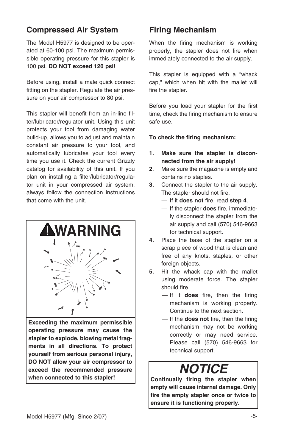 Notice, Compressed air system firing mechanism | Grizzly FLOORING STAPLER H5977 User Manual | Page 6 / 16