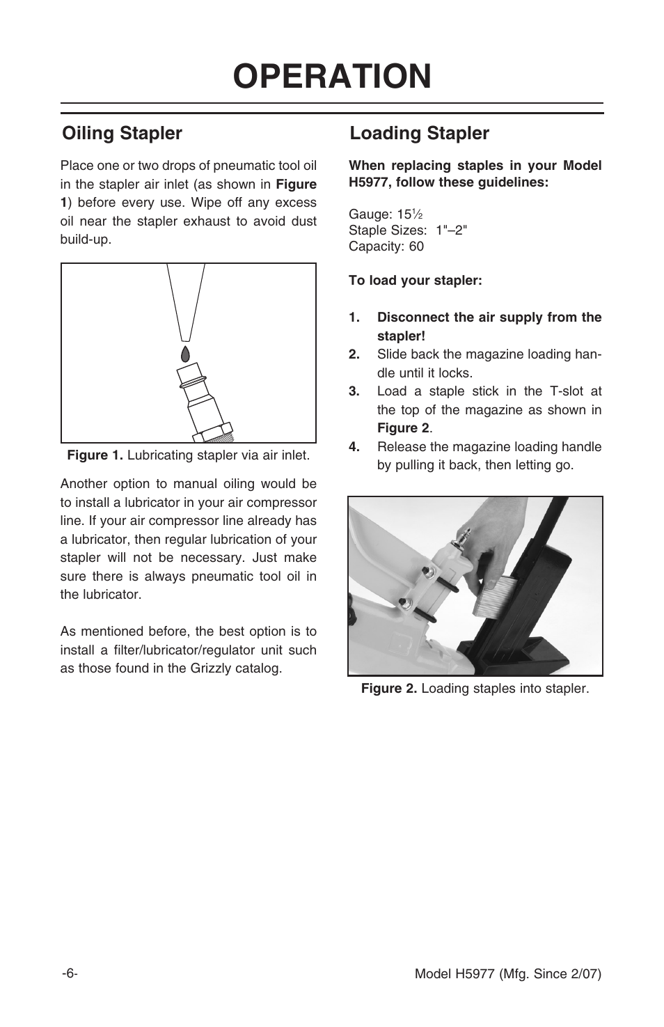 Operation, Oiling stapler, Loading stapler | Grizzly FLOORING STAPLER H5977 User Manual | Page 7 / 16
