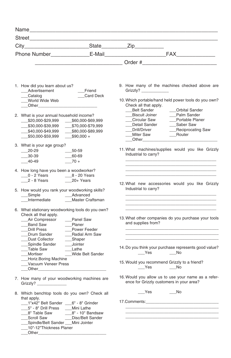 Warranty card, Name, Street | City, State, Phone number, E-mail, Model, Order | Grizzly G6046 User Manual | Page 19 / 20