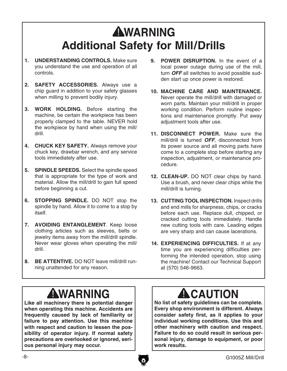 Additional safety for mill/drills | Grizzly G1005Z User Manual | Page 10 / 44