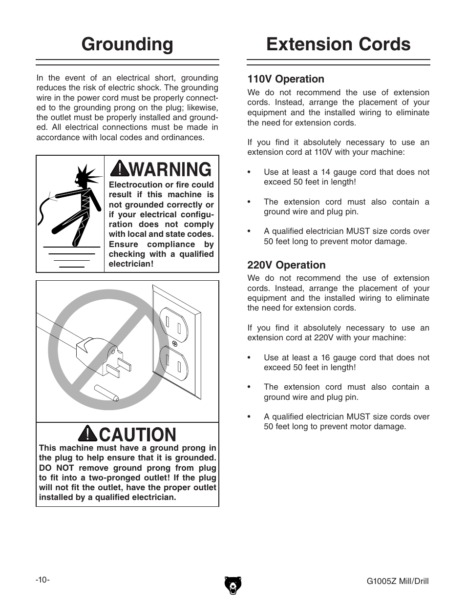 Extension cords grounding | Grizzly G1005Z User Manual | Page 12 / 44