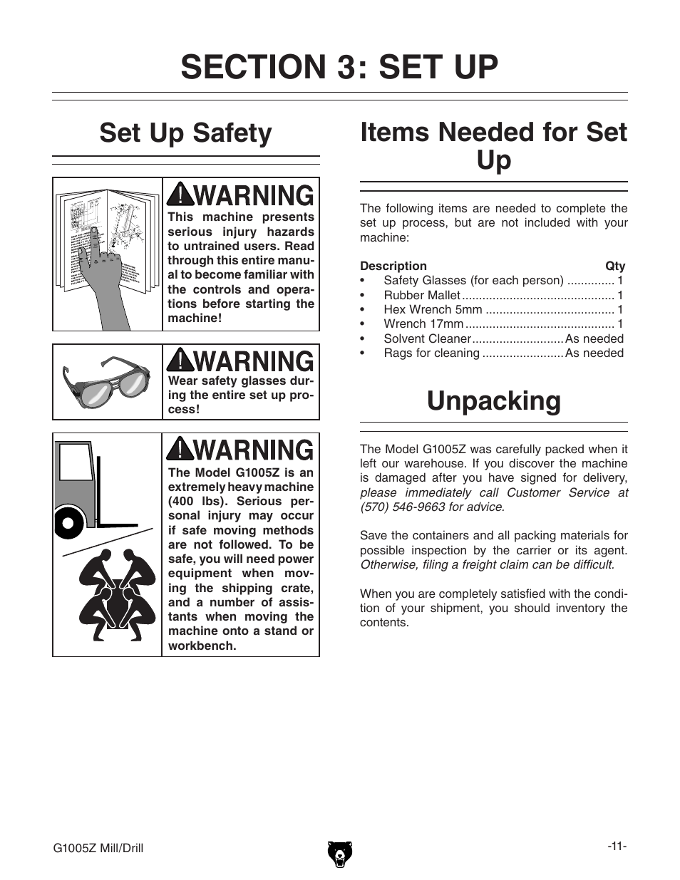 Unpacking items needed for set up, Set up safety | Grizzly G1005Z User Manual | Page 13 / 44