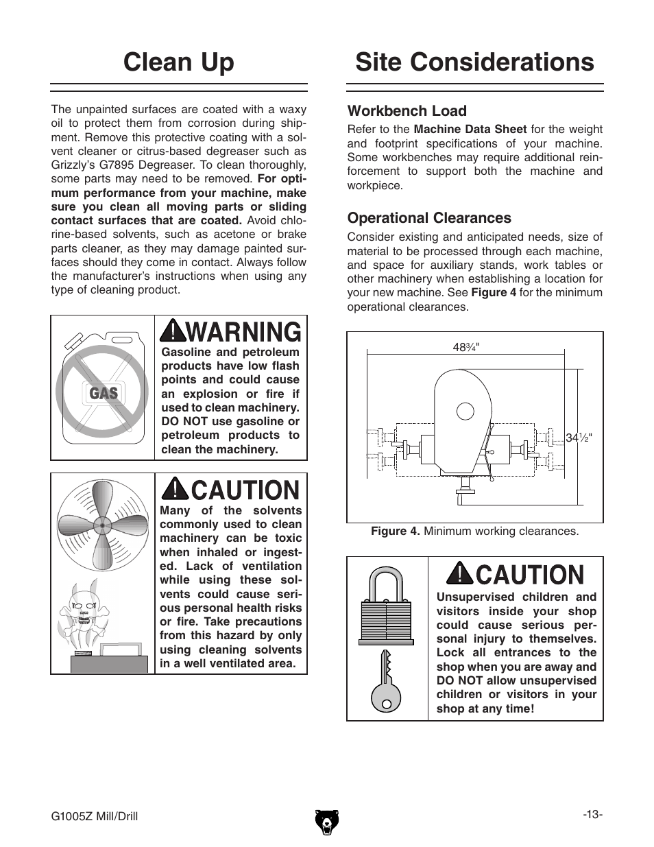 Site considerations clean up, Workbench load, Operational clearances | Grizzly G1005Z User Manual | Page 15 / 44