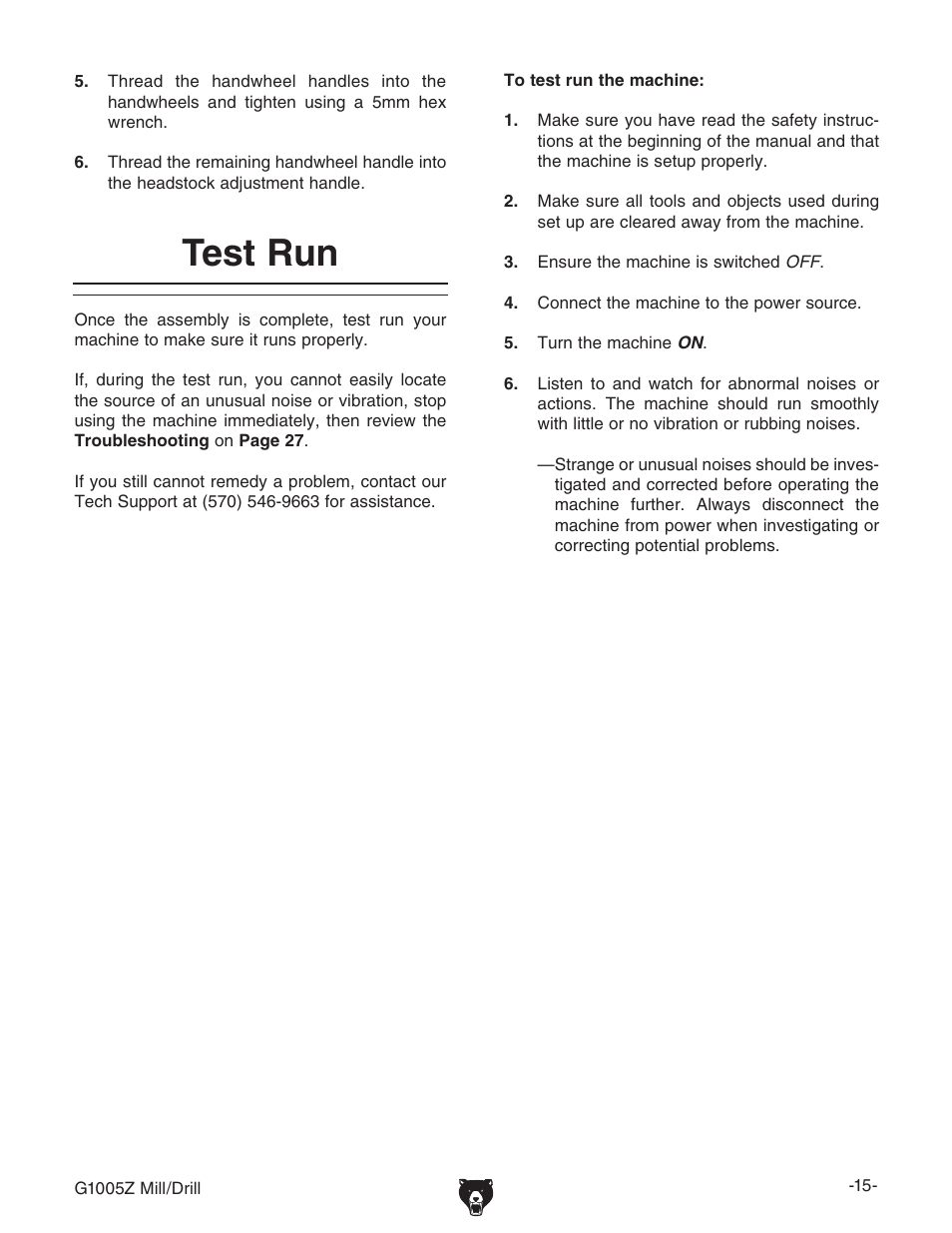 Test run | Grizzly G1005Z User Manual | Page 17 / 44