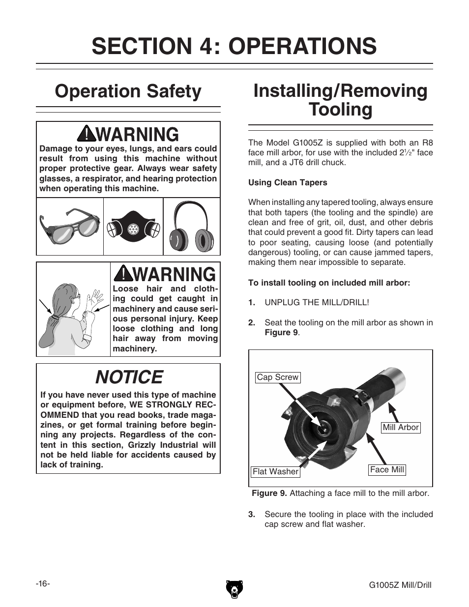Operation safety, Notice, Installing/removing tooling | Grizzly G1005Z User Manual | Page 18 / 44