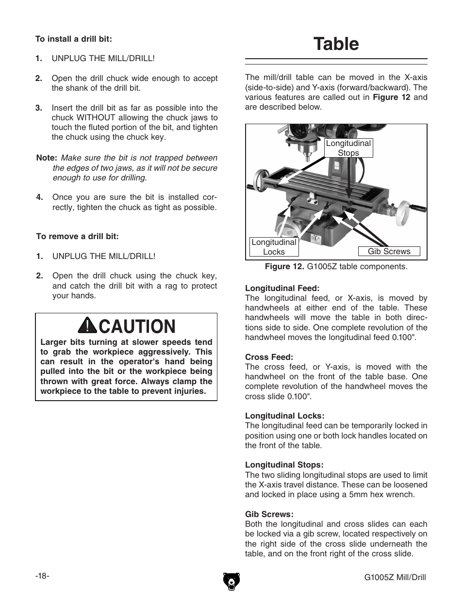 Table | Grizzly G1005Z User Manual | Page 20 / 44