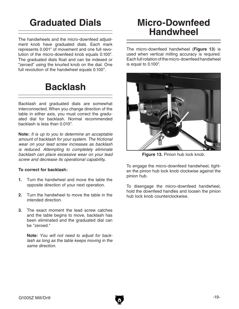 Graduated dials, Backlash, Micro-downfeed handwheel | Grizzly G1005Z User Manual | Page 21 / 44