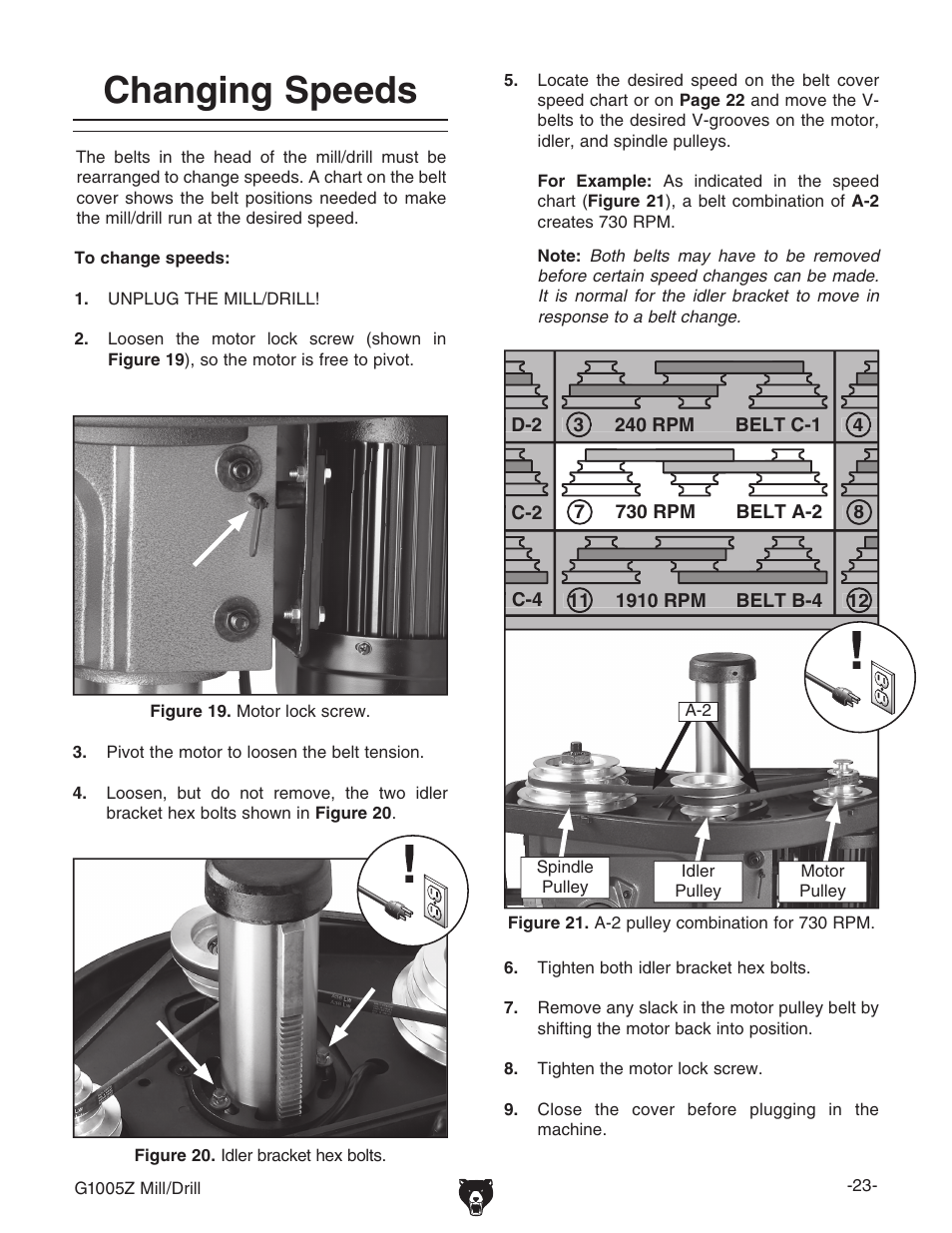 Changing speeds | Grizzly G1005Z User Manual | Page 25 / 44