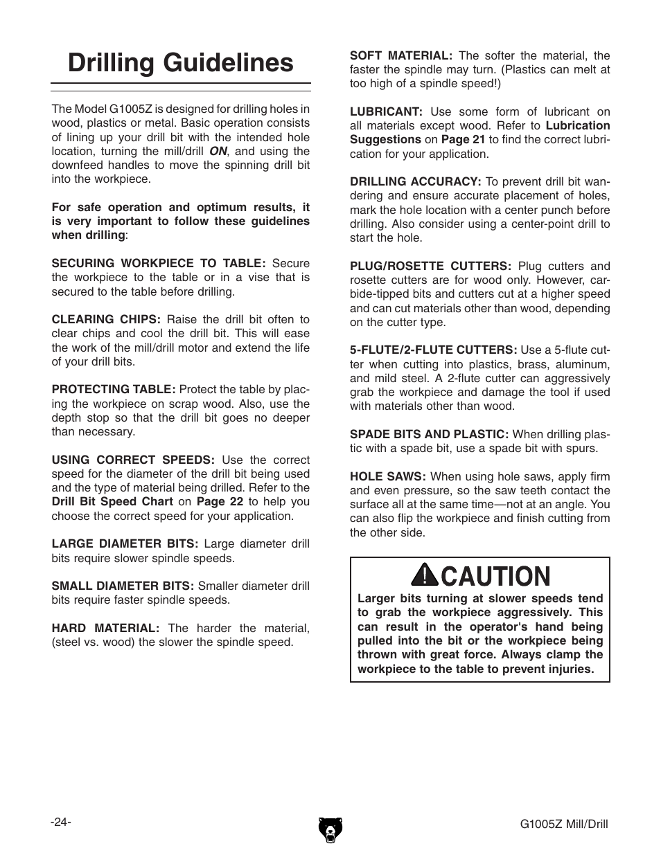Drilling guidelines | Grizzly G1005Z User Manual | Page 26 / 44