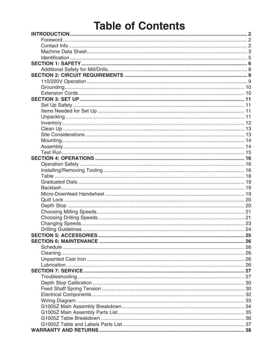 Grizzly G1005Z User Manual | Page 3 / 44