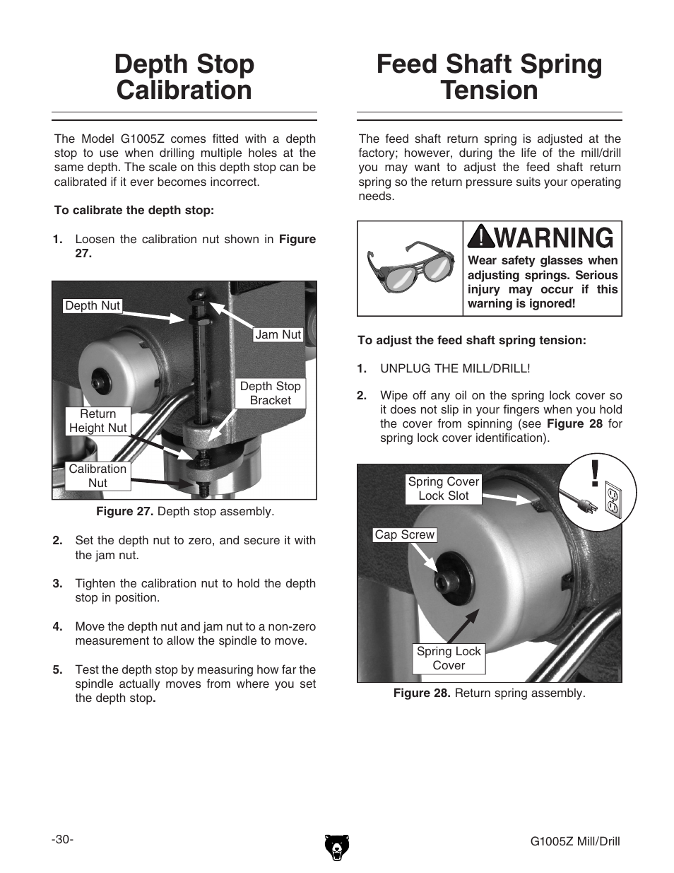 Depth stop calibration, Feed shaft spring tension | Grizzly G1005Z User Manual | Page 32 / 44