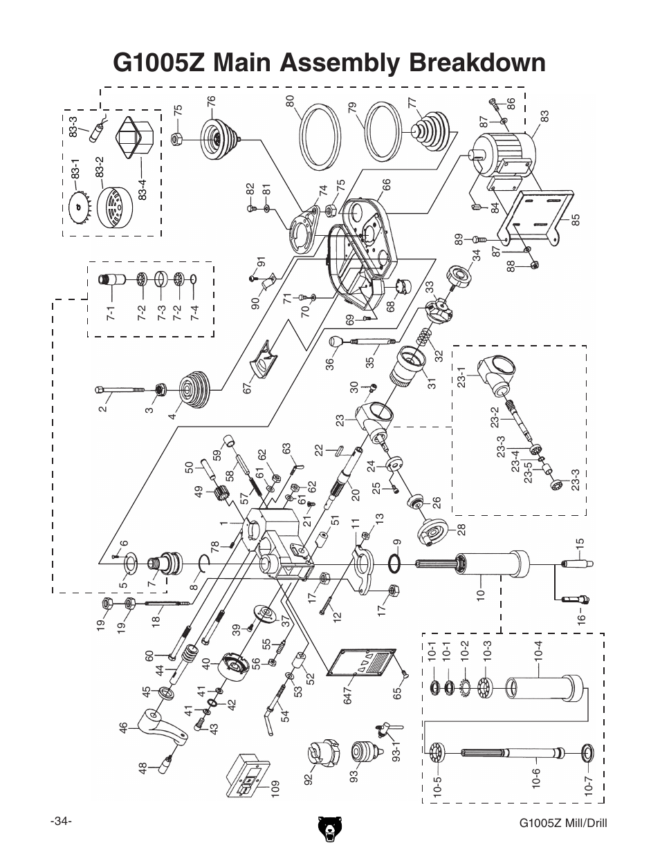 G1005z main assembly breakdown | Grizzly G1005Z User Manual | Page 36 / 44