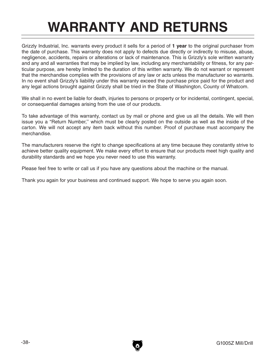 Warranty and returns | Grizzly G1005Z User Manual | Page 40 / 44