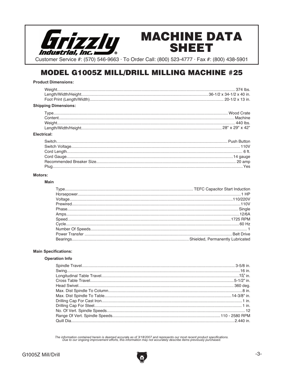 Machine data sheet | Grizzly G1005Z User Manual | Page 5 / 44