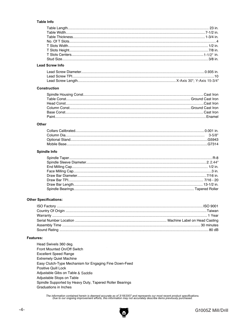 G1005z mill/drill | Grizzly G1005Z User Manual | Page 6 / 44
