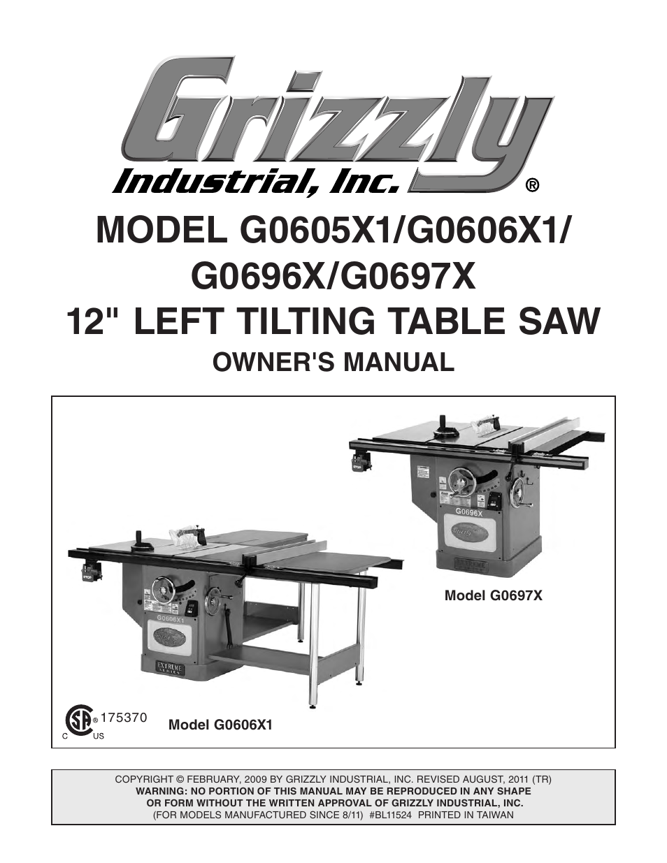 Grizzly 12" Left Tilting Table Saw G0605X1 User Manual | 100 pages