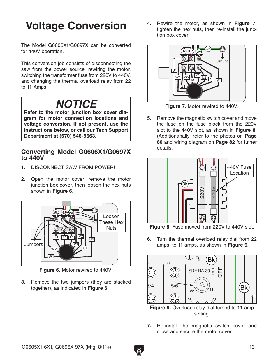 Voltage conversion, Notice | Grizzly 12" Left Tilting Table Saw G0605X1 User Manual | Page 15 / 100