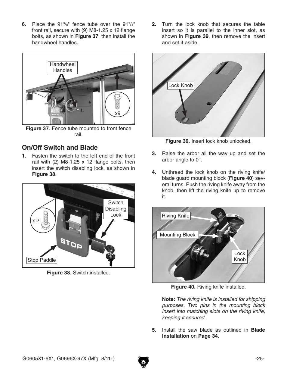 On/off switch and blade | Grizzly 12" Left Tilting Table Saw G0605X1 User Manual | Page 27 / 100