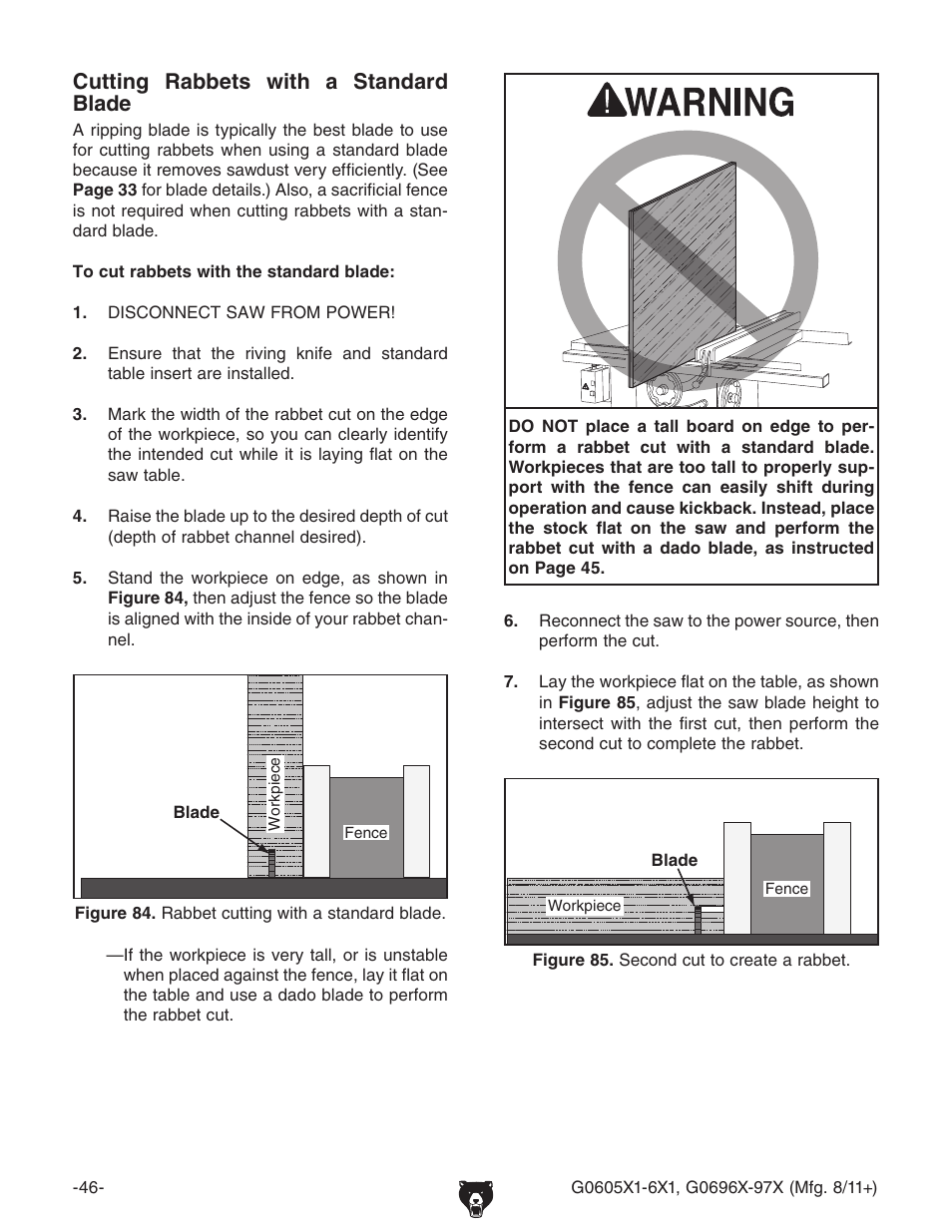 Cutting rabbets with a standard blade | Grizzly 12" Left Tilting Table Saw G0605X1 User Manual | Page 48 / 100