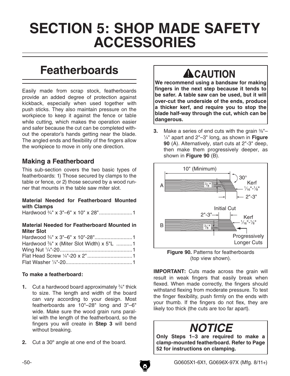 Section, Shop, Made | Safety, Accessories, Featherboards, Notice, Making a featherboard | Grizzly 12" Left Tilting Table Saw G0605X1 User Manual | Page 52 / 100