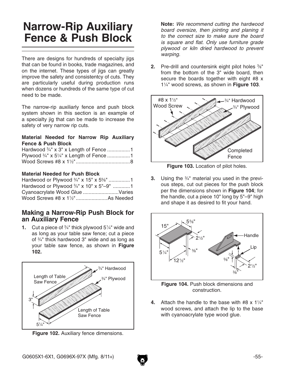 Narrow-rip auxiliary fence & push block | Grizzly 12" Left Tilting Table Saw G0605X1 User Manual | Page 57 / 100