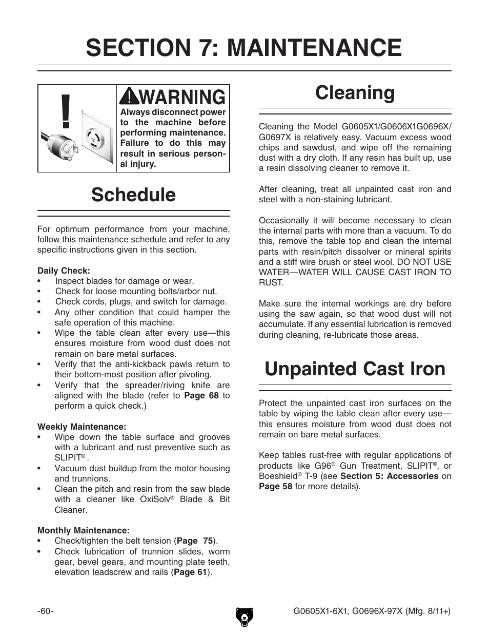 Section 7: maintenance, Schedule cleaning unpainted cast iron, Schedule | Cleaning, Unpainted cast iron | Grizzly 12" Left Tilting Table Saw G0605X1 User Manual | Page 62 / 100
