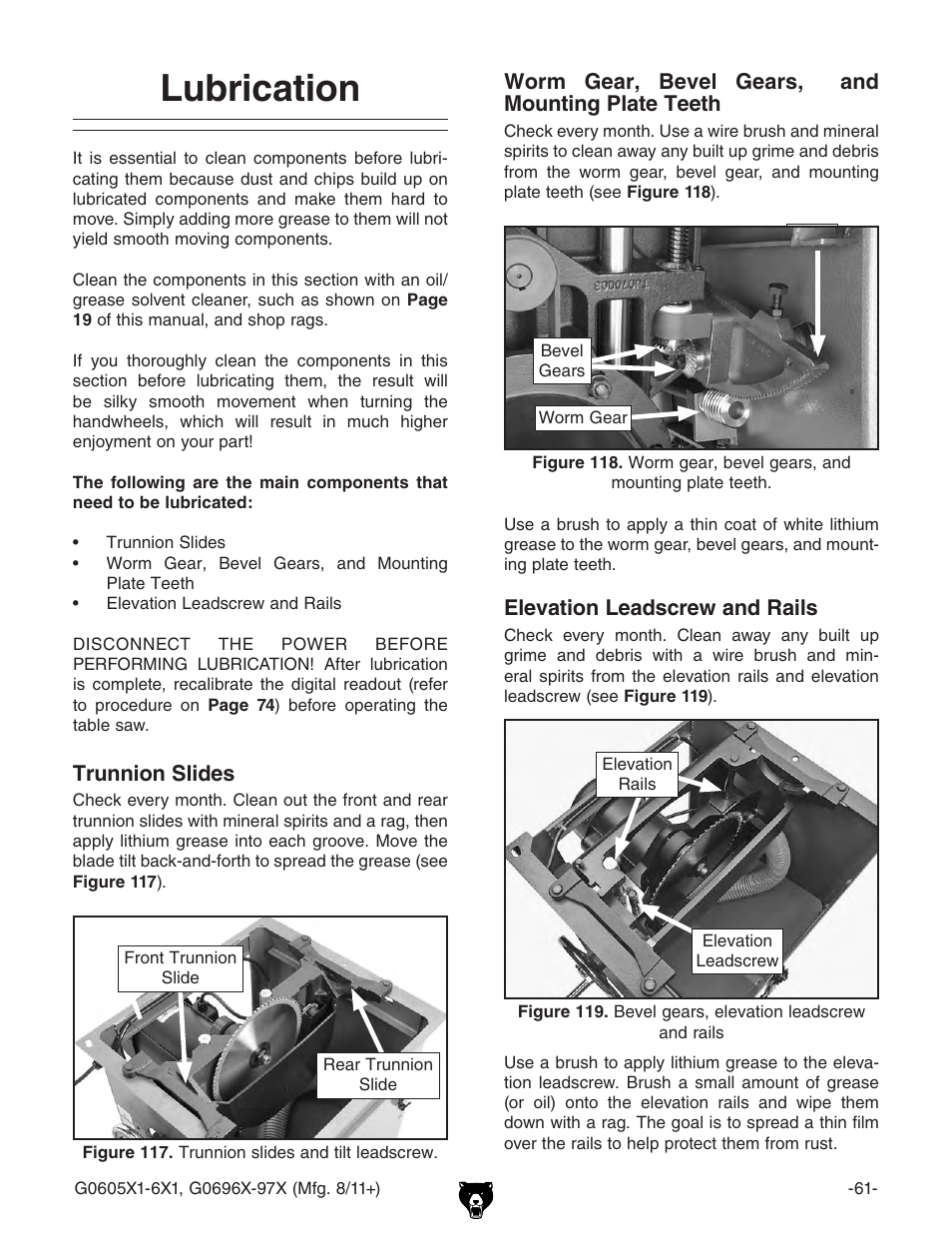 Lubrication | Grizzly 12" Left Tilting Table Saw G0605X1 User Manual | Page 63 / 100