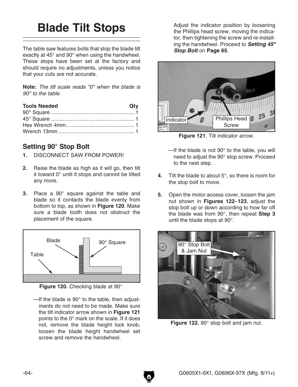 Blade tilt stops, Setting 90° stop bolt | Grizzly 12" Left Tilting Table Saw G0605X1 User Manual | Page 66 / 100