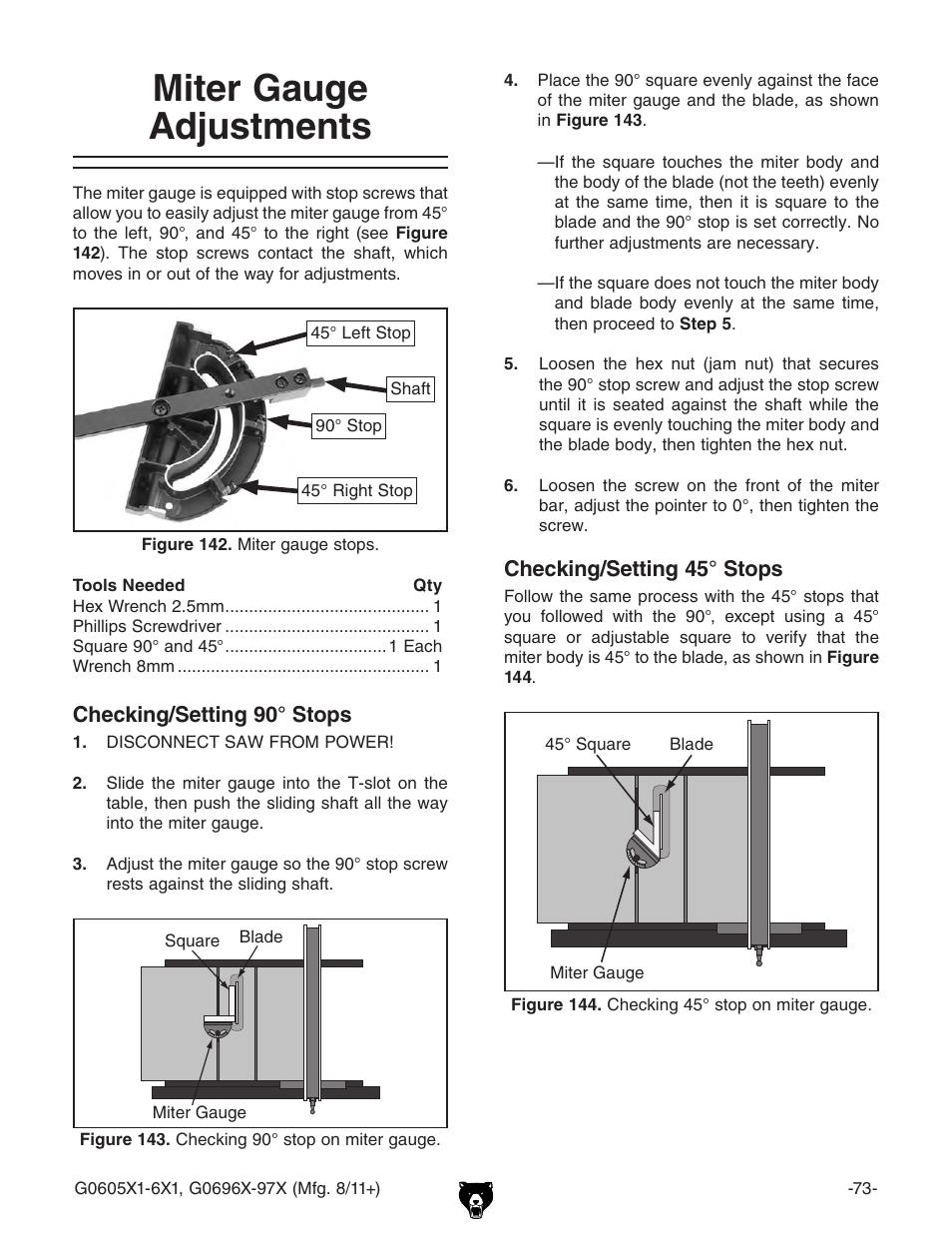 Miter gauge adjustments | Grizzly 12" Left Tilting Table Saw G0605X1 User Manual | Page 75 / 100
