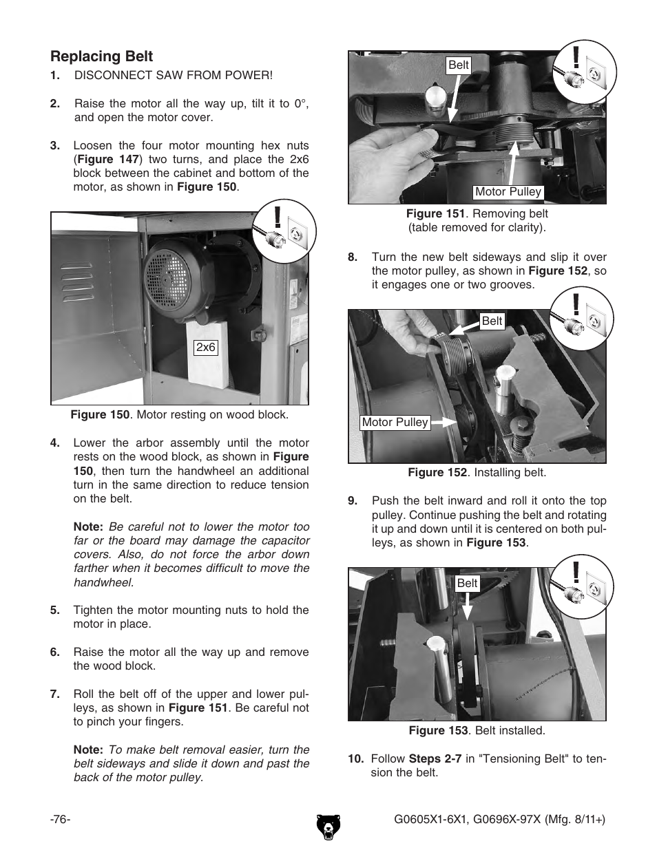 Replacing belt | Grizzly 12" Left Tilting Table Saw G0605X1 User Manual | Page 78 / 100