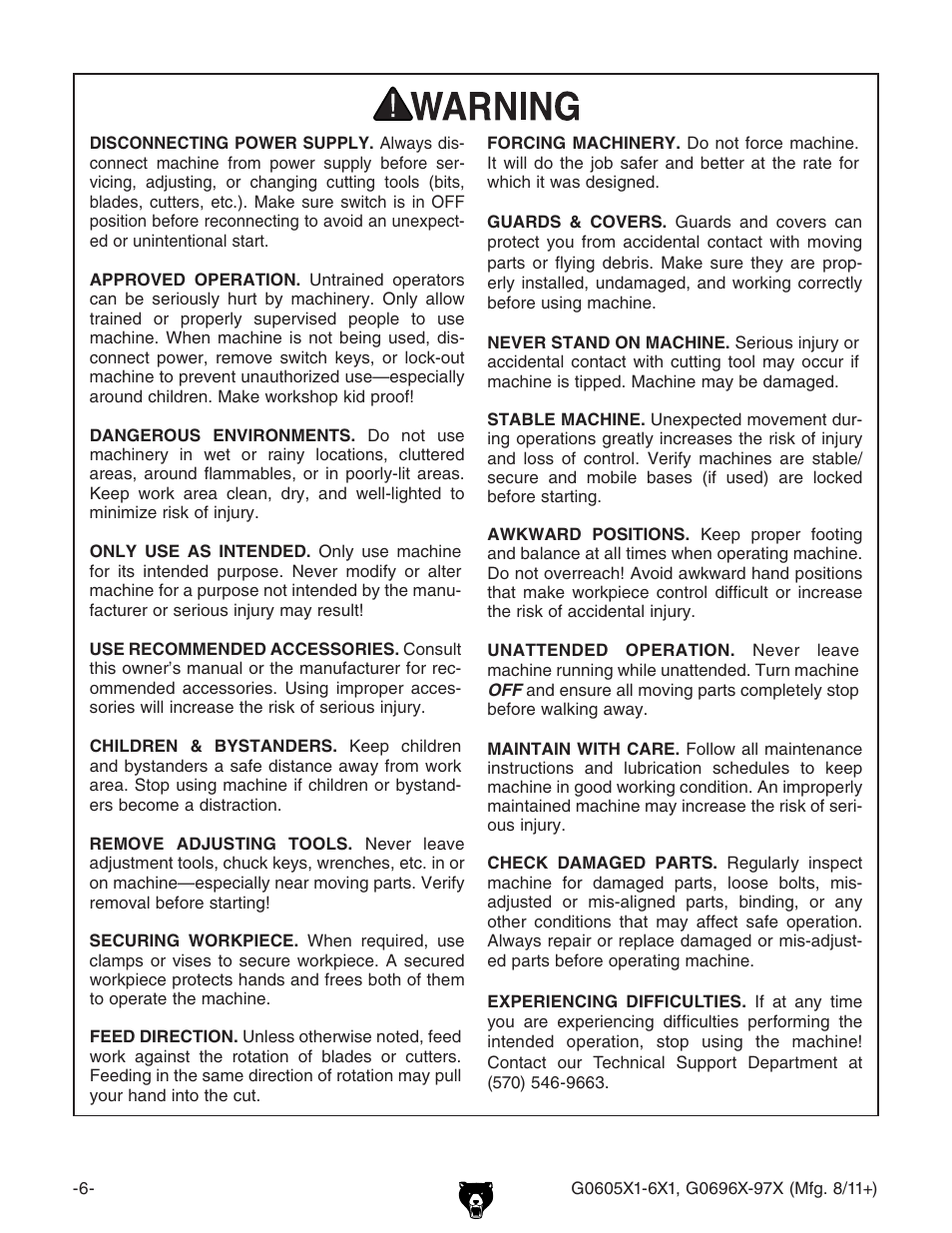 Grizzly 12" Left Tilting Table Saw G0605X1 User Manual | Page 8 / 100