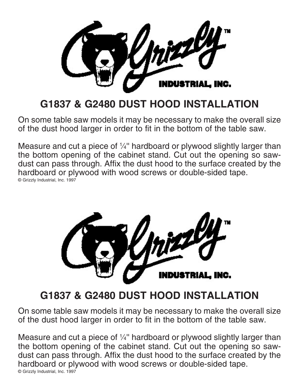 Grizzly Dust Hood G1837 User Manual | 1 page