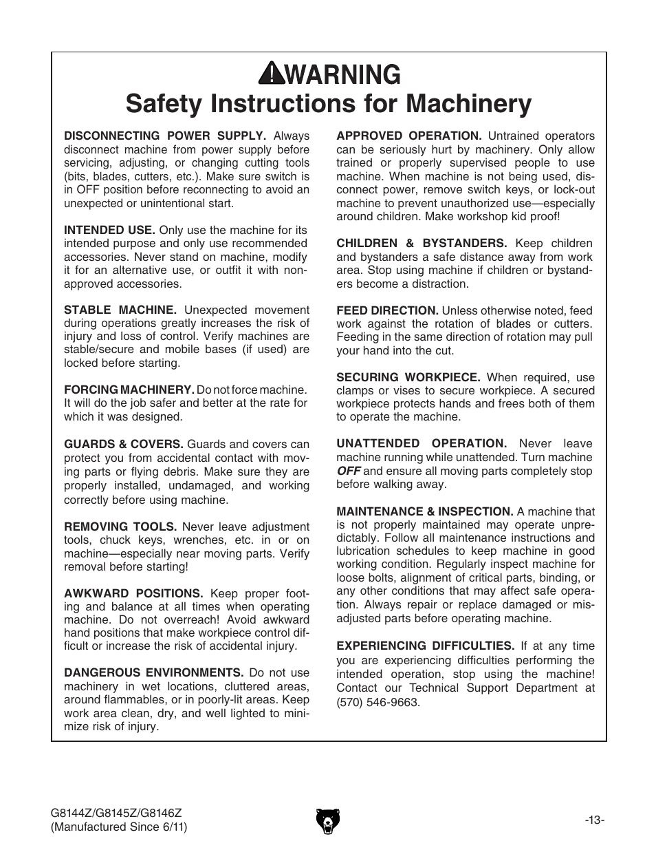 Safety instructions for machinery | Grizzly G8145Z User Manual | Page 15 / 72