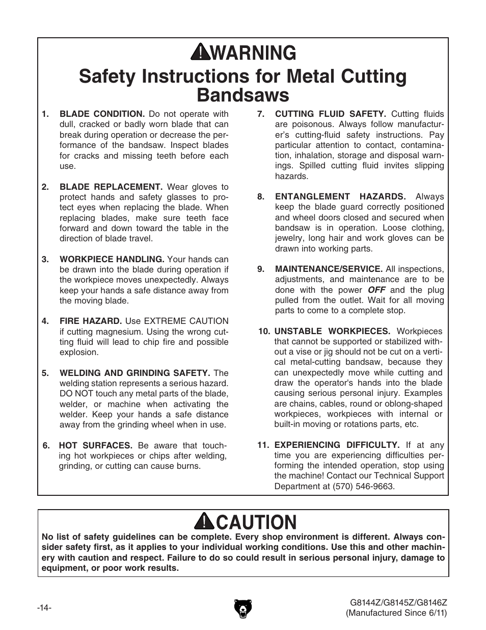 Safety instructions for metal cutting bandsaws | Grizzly G8145Z User Manual | Page 16 / 72