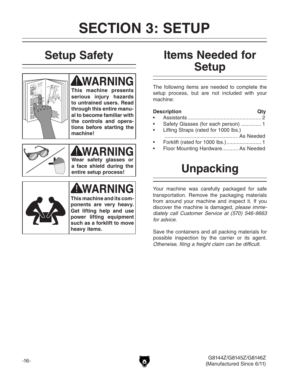 Setup safety, Items needed for setup, Unpacking | Grizzly G8145Z User Manual | Page 18 / 72